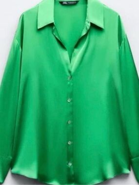 Zara Emerald Green Satin Button-Down Shirt
